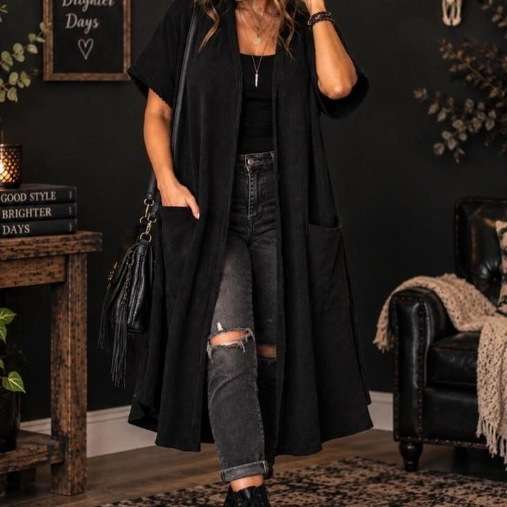 Black Ribbed Long Duster Cardigan Open Front Short Sleeve Pocket Goth Boho